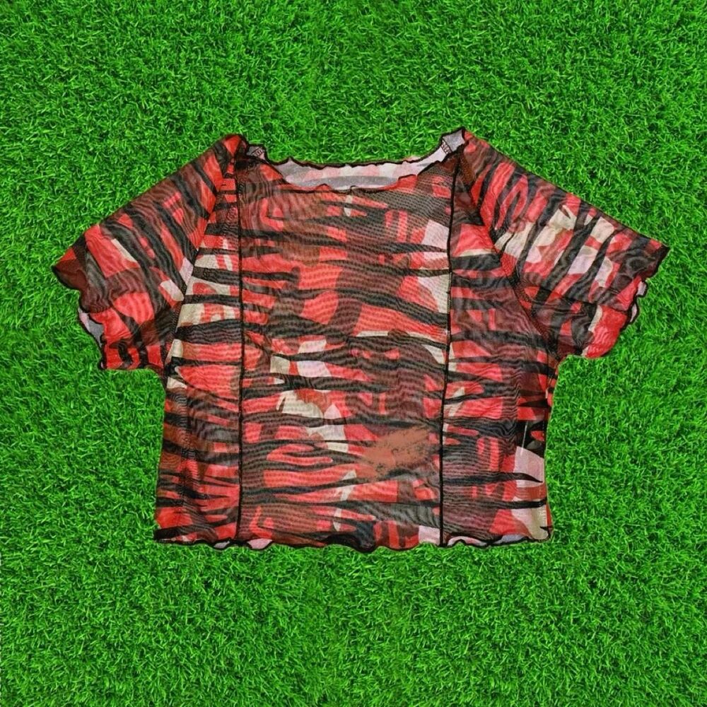 Y2K Zebra Camouflage Red, Black, and Beige Mesh Crop Top Size Small